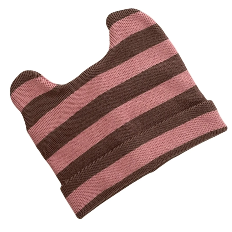 Lovely Stripe Hat Cold Weather Windproof Cats Ear Caps for Women Student DXAA