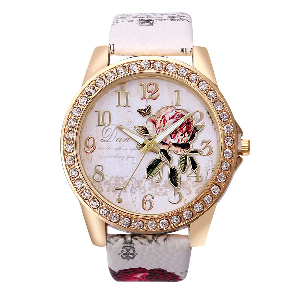 fashion Women rhinestone Rose flower pattern PU leather quartz Watch