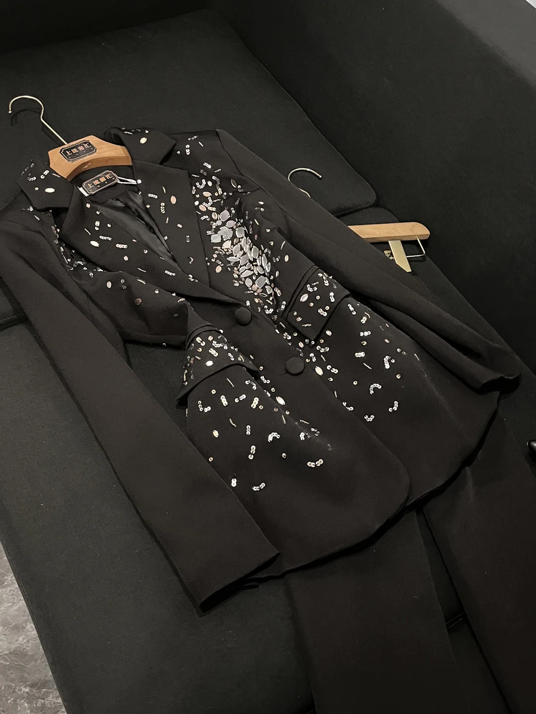 

Зима 2022, новый комплект ветровки с высокой талией, драпированные брюки iny Diamond, лоскутное женское модное верхнее белье