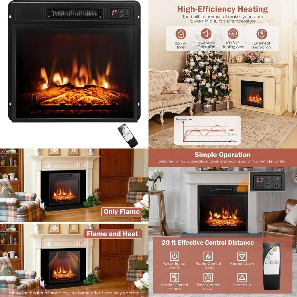 

18-дюймовый электрический каминный обогреватель COSTWAY, 1400 Вт с дистанционным управлением, 3 светодиодных эффектами пламени, 6-часовой таймер