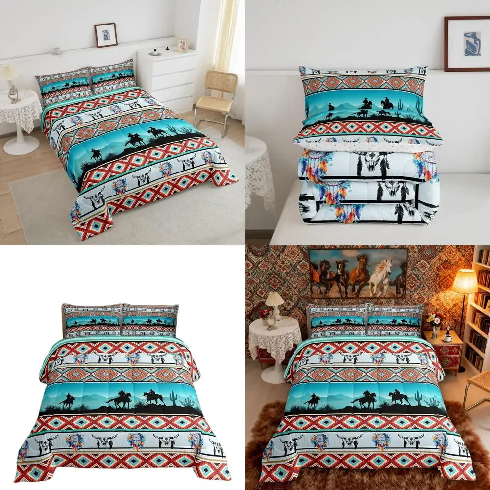 

Комплект постельного белья в западном стиле с узорами фермерских животных и ацтеков, дизайн «Ловец снов», бирюзовый