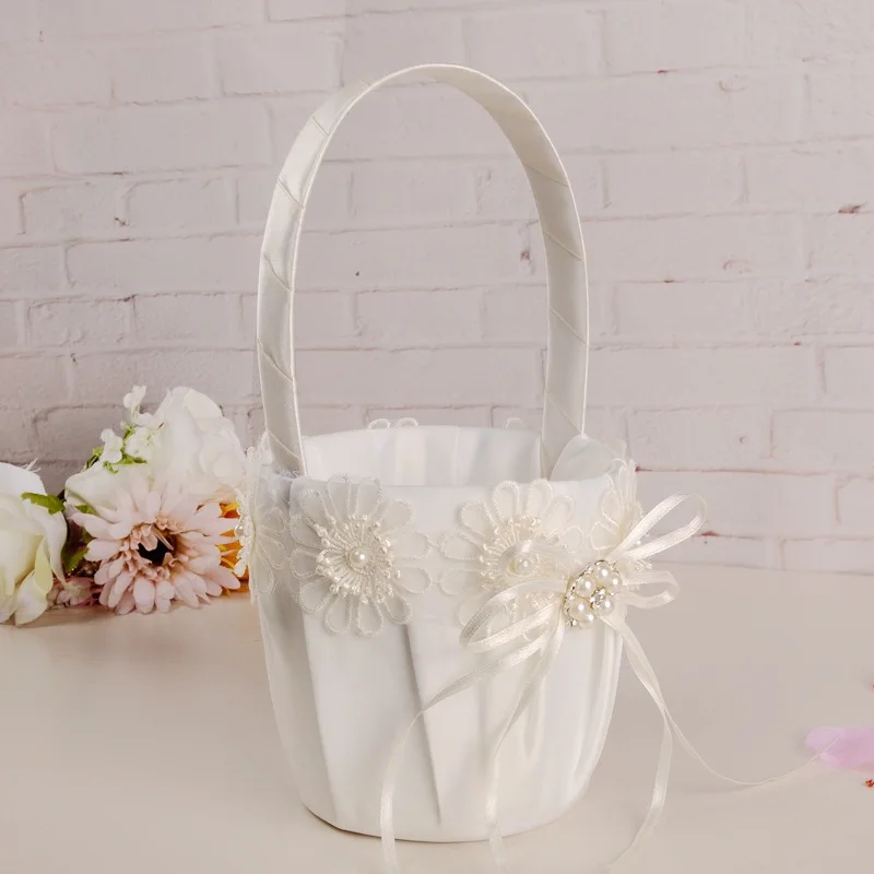 Flower Basket for Wedding Handmade Lace Flowers with Handle White Basket Cloth Fabric with Pearl Decorations