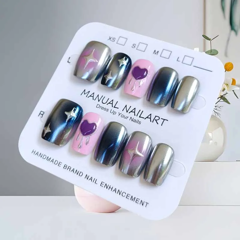 10 قطعة فضي أسود متدرج أرجواني ثلاثية الأبعاد قلب وأسود ماجيك أبل الراقية الشعور عين القط اضغط على الأظافر مسمار التصحيح الأظافر وهمية #3