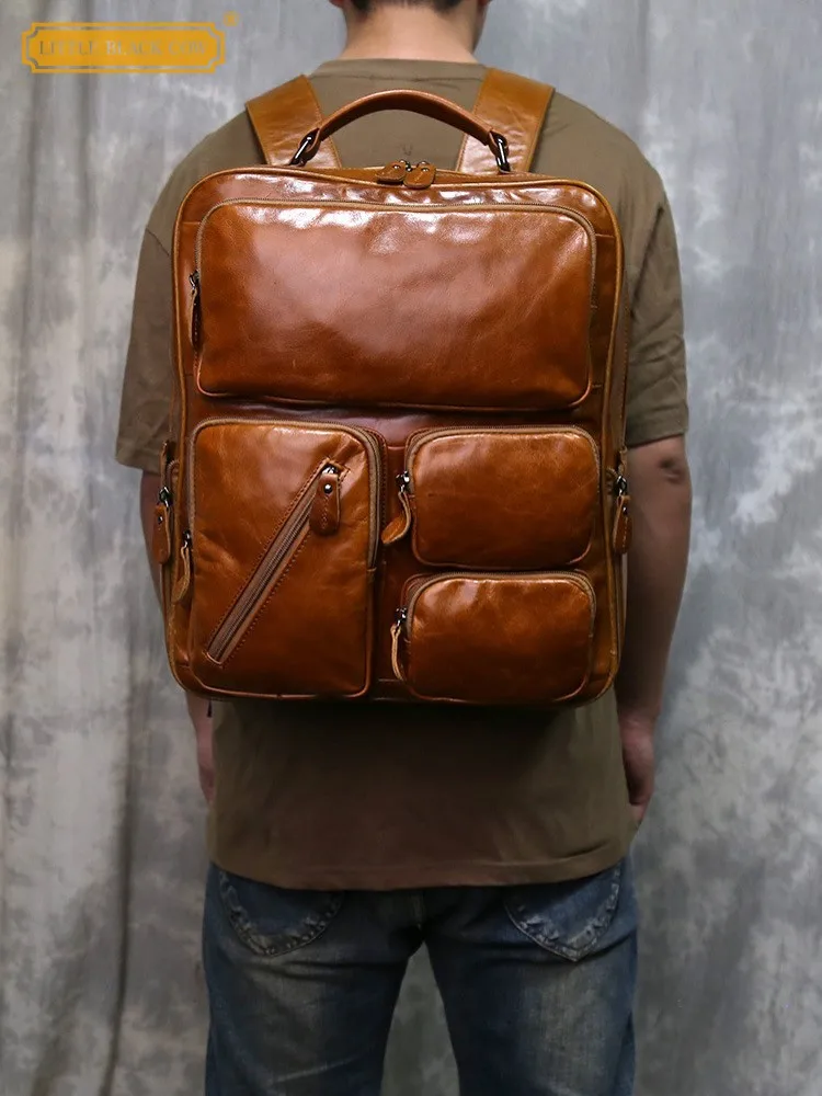 Vintage Mens Cowskin Genuine Leather Backpack Multi Pocket Casual Laptop Bag Large Capacity Casual Male Hiking Travel Backpacks