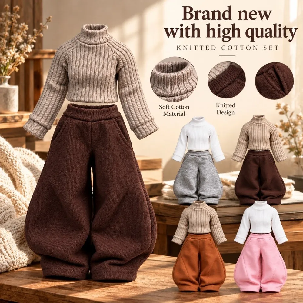 Casual Wear Ribbed Knitted Sweaters Tops Multi-Color Mini Dolls Streetwear Elastic Waist High Waist Baggy Trousers