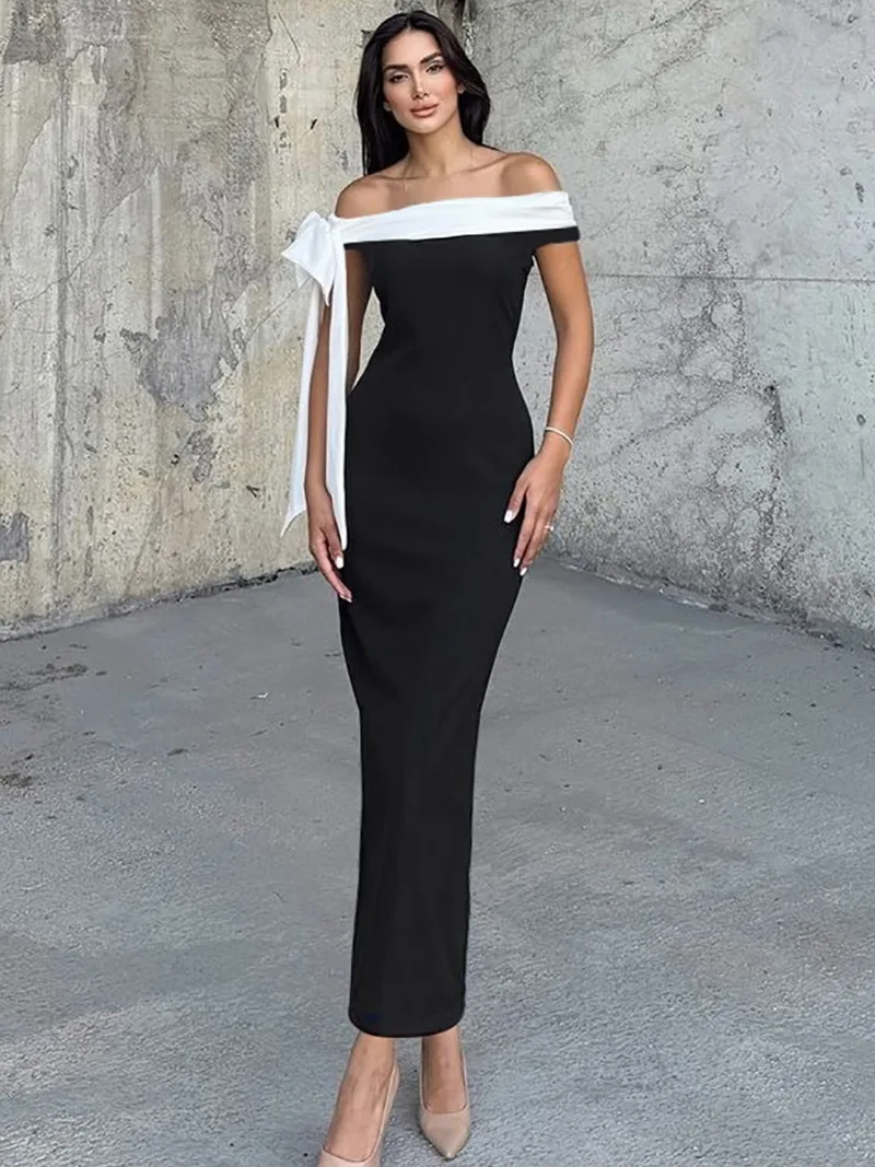 Elegant Chic Slash Neck Bandage Evening Party Dress Women's Black White Patchwork Bodycon Long Dresses Formal Occasion Vestidos