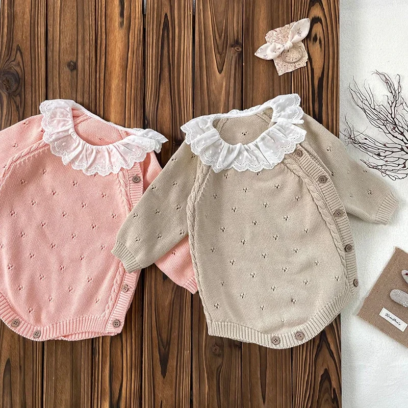 

2024 New Autumn Children Knitted Clothes Toddler Baby Girl Bodysuits Long Sleeved Solid Color Knitted Lace Splicing Jumpsuit