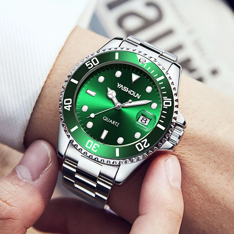 YASHIDUN Luxury Couple Pair Watch Waterproof Luminous Date Quartz Wristwatch Stainless Steel Watches for Woman Men Green Watch
