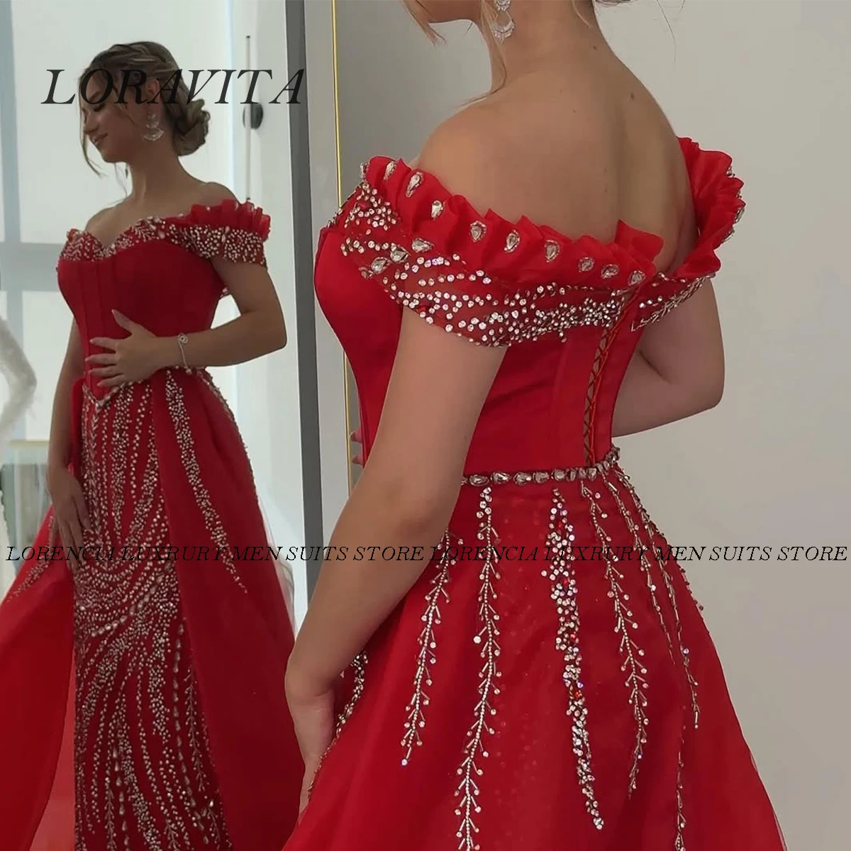 Angepasst Diamant Angepasst Perlen Lange Meerjungfrau Abendkleider Perlen Kleider Von Schulter Open Back Robe vestidos de gala