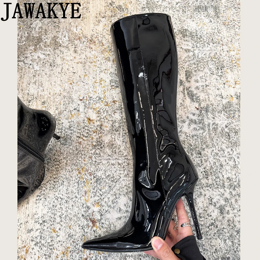 

Сапоги до колена из лакированной кожи с острым носком, женские ботинки челси с боковой молнией, осенне-зимние тонкие ботинки для подиума, модные недельные ботинки femina
