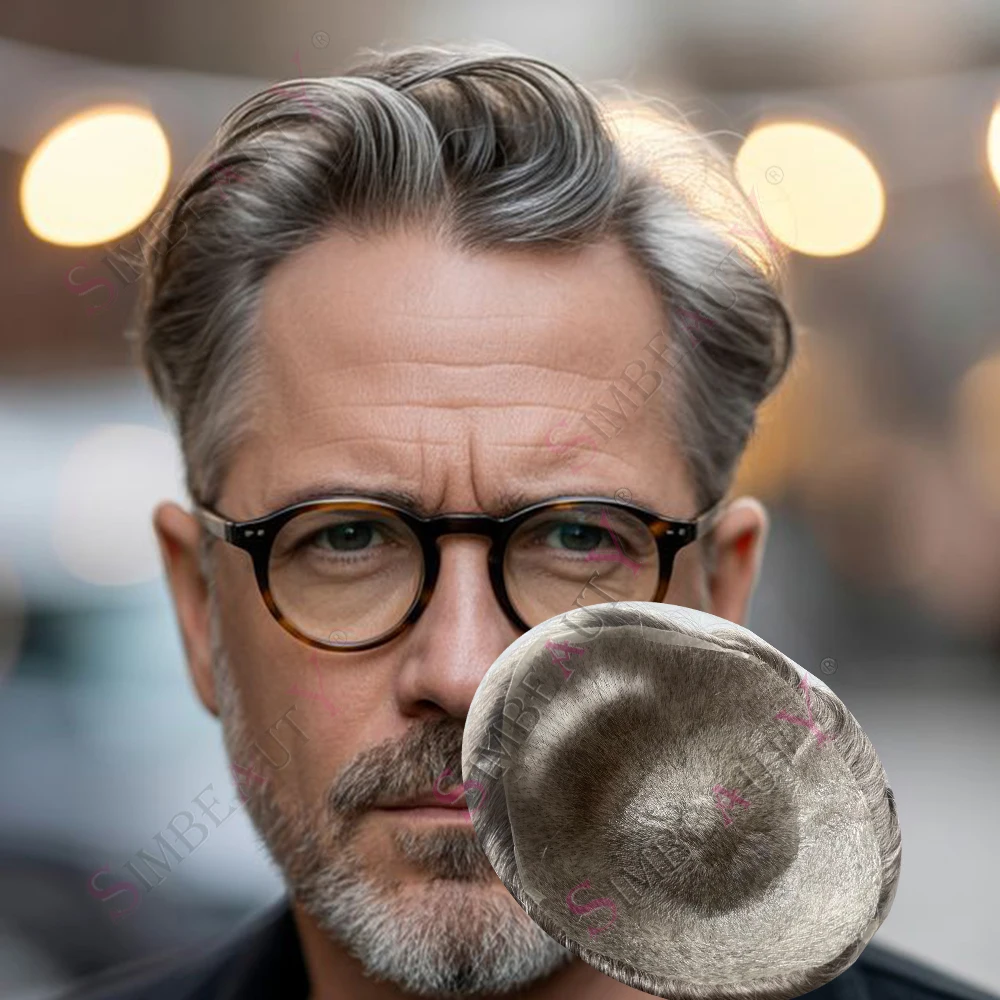 Undetectable Realistic Natural European Men Toupee 80%Density 0.02mm Ultra Thin Skin Old Man Human Hair Wig 1b80 White Grey Hair