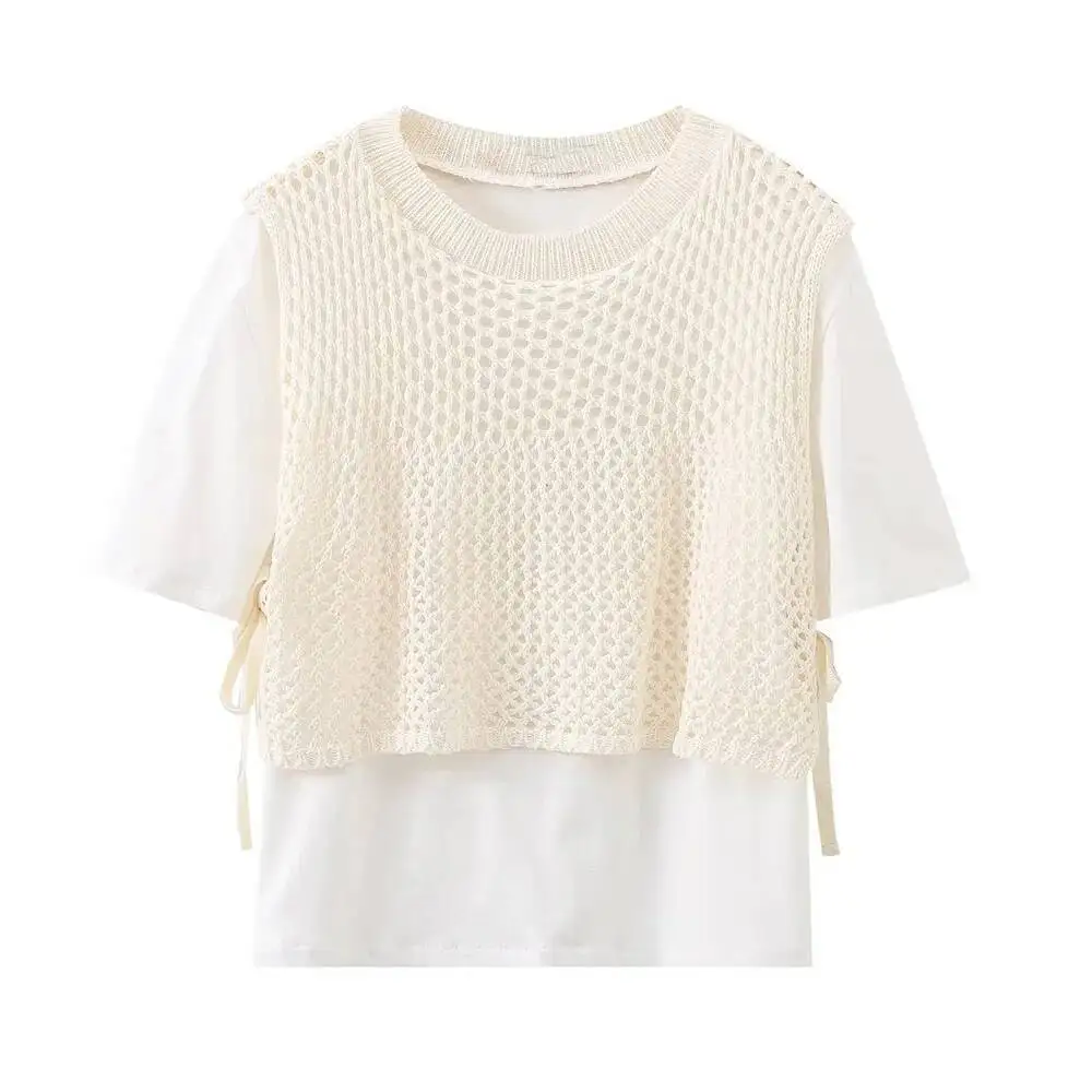 

Summer New Product Women's Casual Loose Fake Two Piece Round Neck Short Sleeve Knitted Tank Top T-Shirt