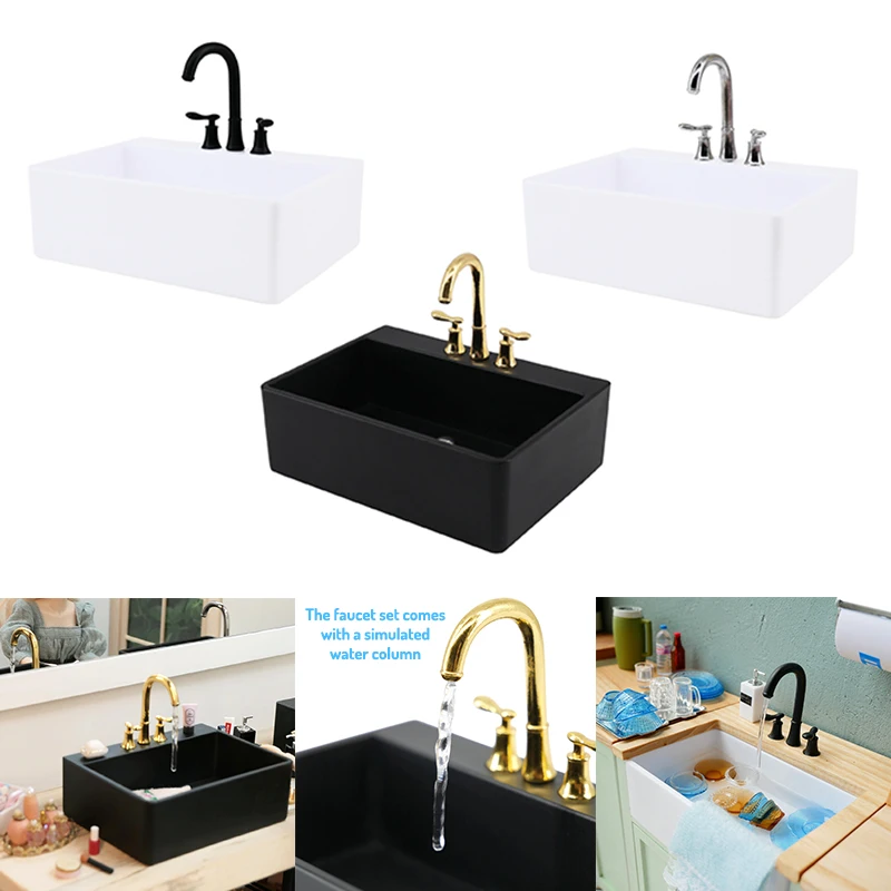 1:6 Dollhouse Miniature Kitchen Sink Lavatory Wash Basin Water Faucet Bathroom Kitchen Furniture Model DIY Decor Toy Accessories