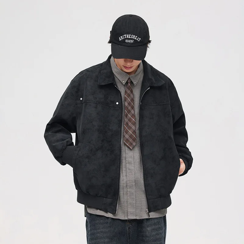 남성 가을 코트 빈티지 솔리드 턴다운 칼라 긴 소매 지퍼 남성 아우터웨어 패션 루즈 캐주얼 다용도 남성 재킷