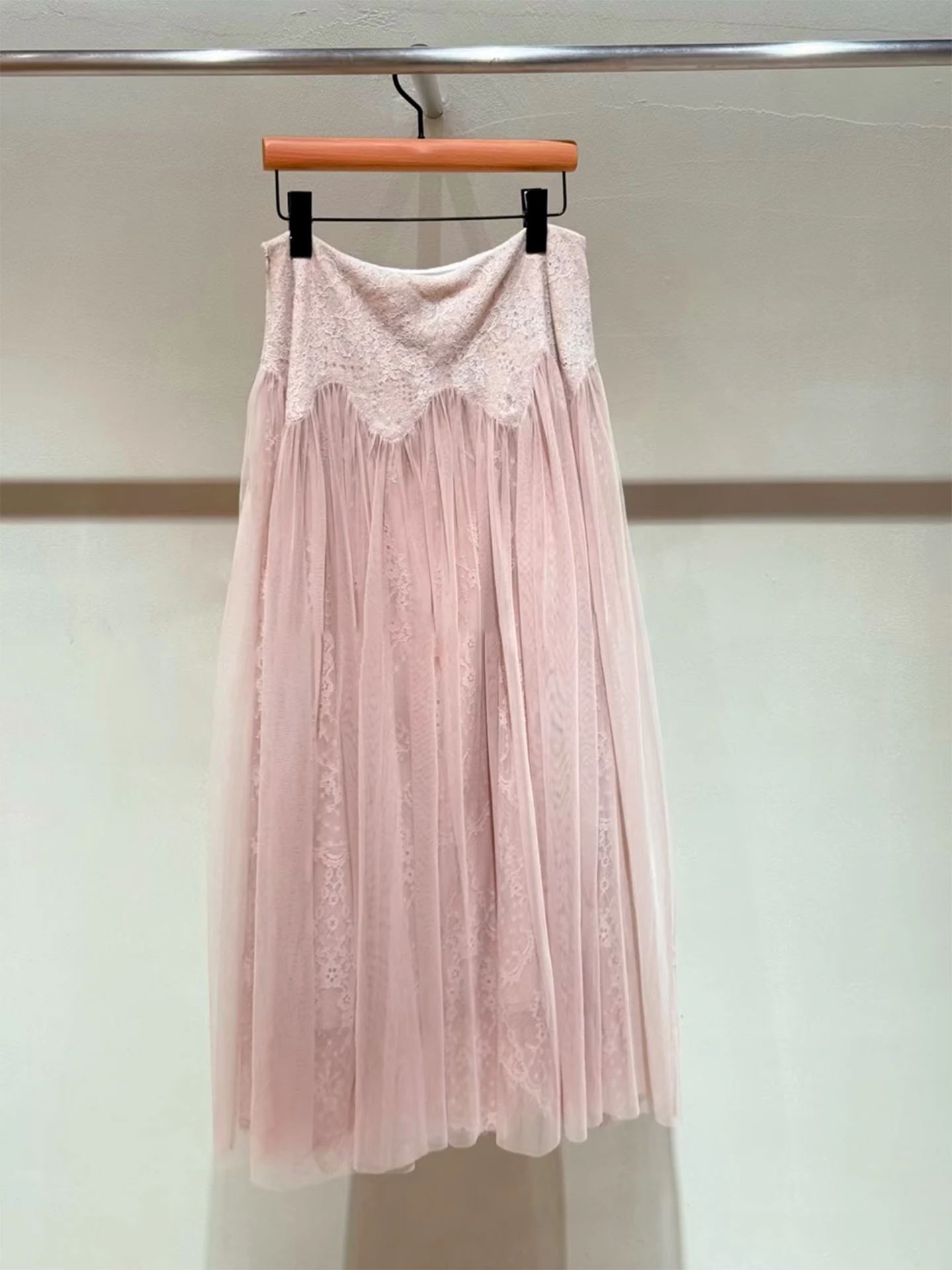

Pink Lace Splicing Mesh Half Skirt Women's A-Line Long Skirt Spring New Style Elegant Versatile Slimming Large Swing