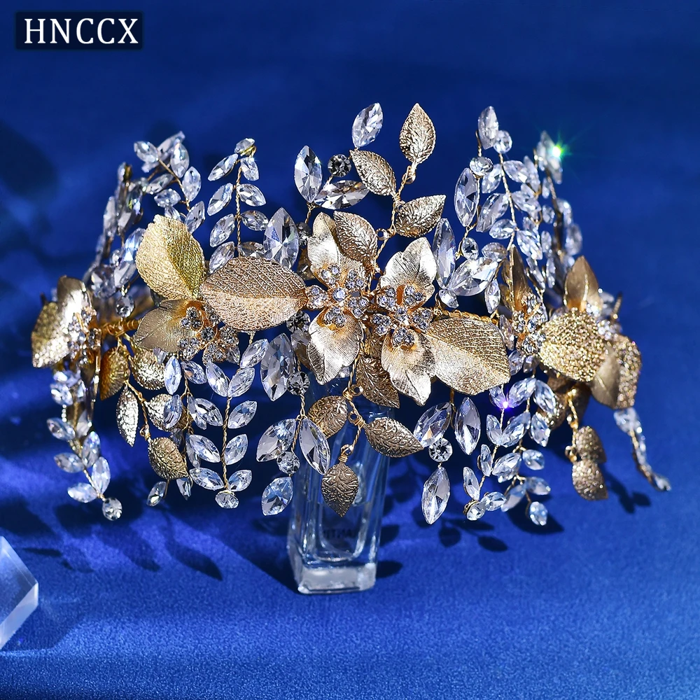 

HNCCX Luxury Bridal Headband Bling Rhinestone Wedding Hair Accessories Alloy Leaf Pageant Crown Woman Headdresses CP391