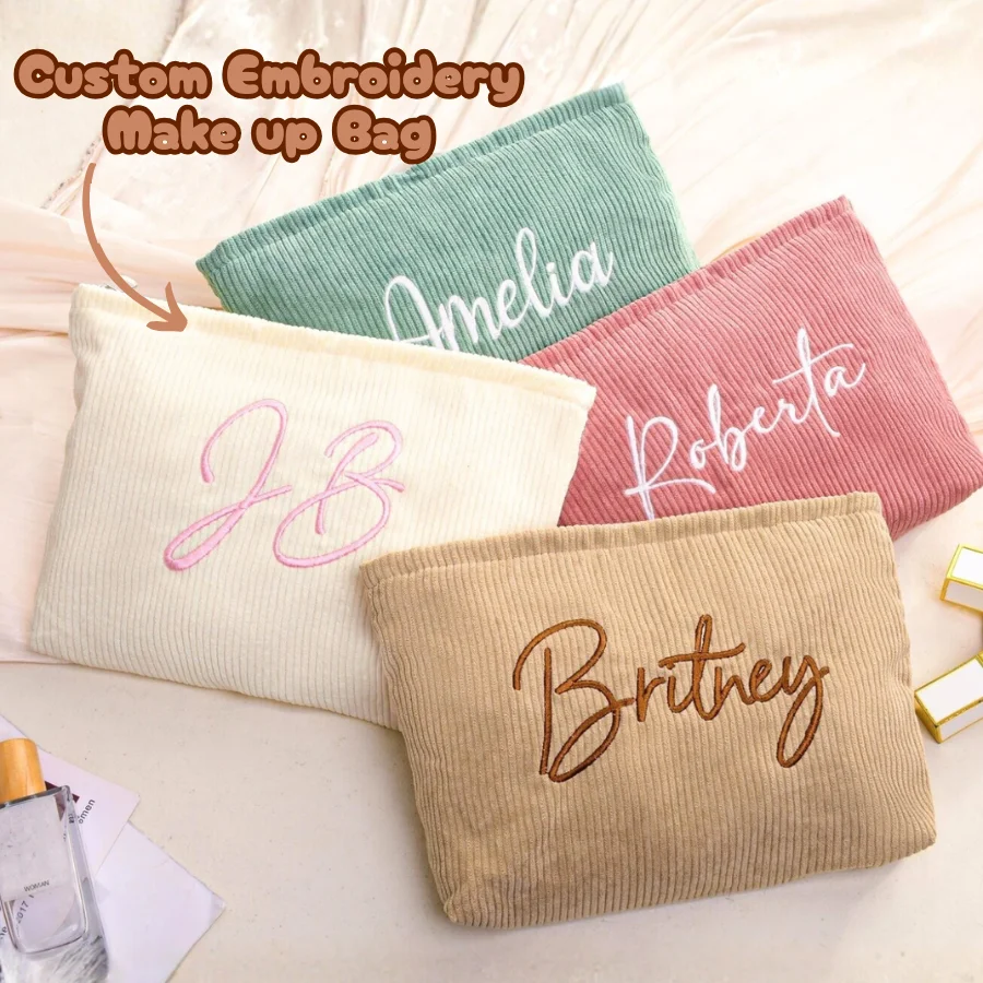 1/3/5pcs Embroidered Corduroy Makeup Bag, Personalized Bag, Custom, Ideal Gifts For Her, Girlfriend, Chic Autumn, Fall Decor