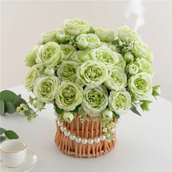 Green Artificial Flowers Peony Tea Rose Autumn Silk Fake Flowers for DIY Living Room Home Garden Wedding Decoration