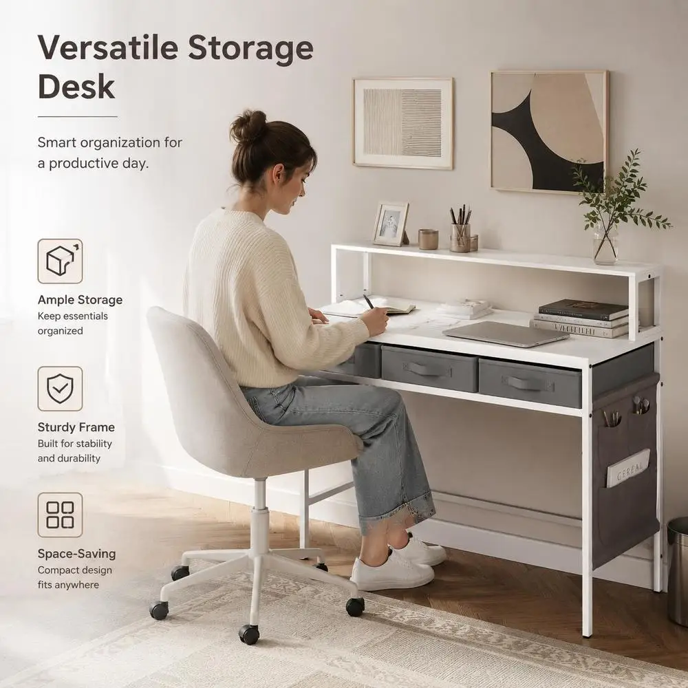 Schminktisch und Hocker-Set mit Monitorständer, Computertisch mit Steckdosen, Weiß