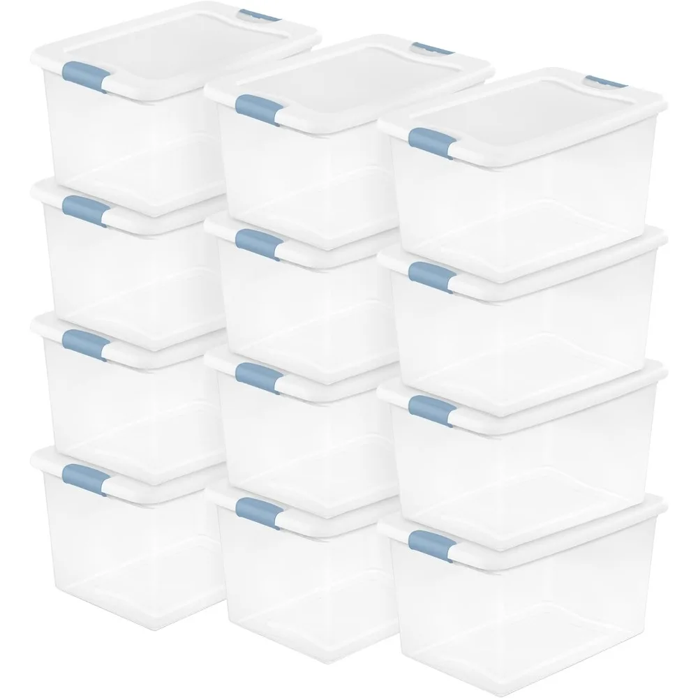 12-Pack Latching Box, Under Bed Storage Bins with Lids, Clear Plastic, 64 Quart - Heavy-Duty Organizing Containers for Closet