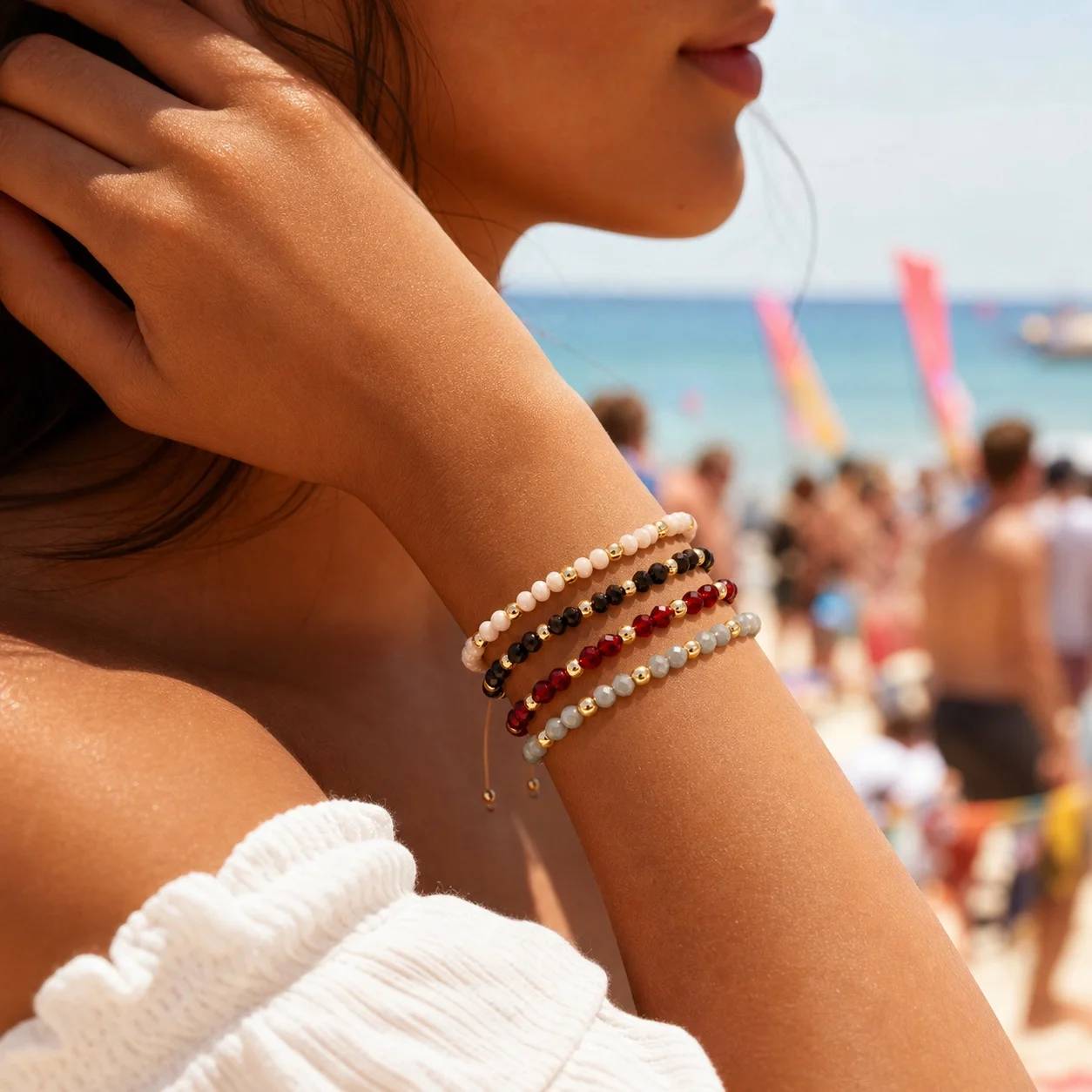 4pcs Trendy Round Glass Beaded Adjustable Tie Bracelet with Gold Color Spacer Beads for Women Summer Beach Outfit