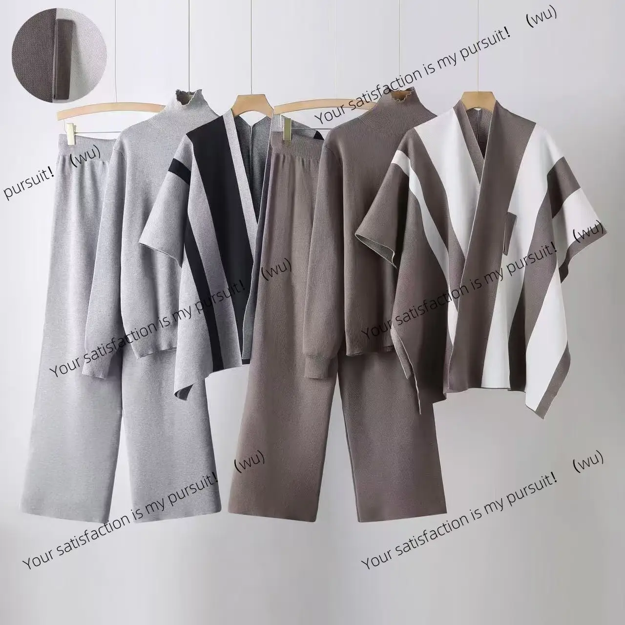 Setelan rajutan wanita musim gugur baru, sweater longgar dengan jaket cape dan celana lebar tiga potong