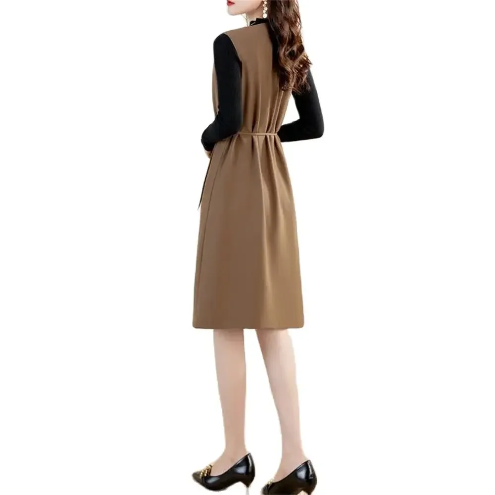 여성용 슬리브리스 슬림 베스트 벨트 탱크 드레스 오버코트 아우터 무릎 길이 허리 조절 스프링 가을 패션