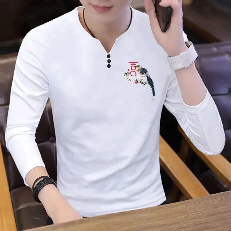 New Korean T-Shirt Men Clothing Spring Autumn Long-Sleeved Tops Sweatshirt Harajuku V-Neck Casual Tees Camisetas