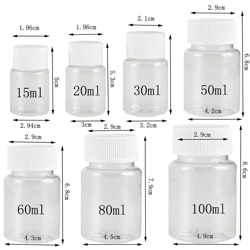 50PCS 15ml - 100ml Empty Clear Plastic PET Medicine Piller Bottles Packing Botes Solid Powder Reagent Seal Samples Containers