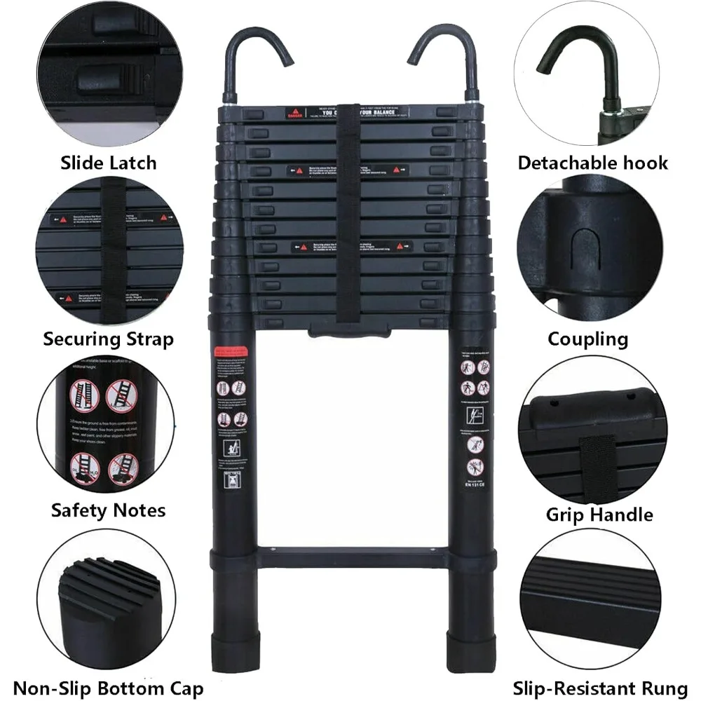 アルミ製伸縮はしご 16フィート 屋根フック付き、家庭用折りたたみ式、ロック機構付き、RV車に最適