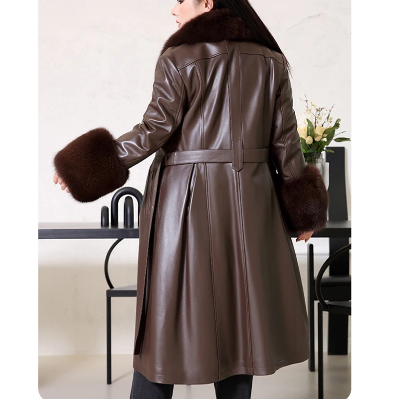 2025 herbst Winter Lange Echt Leder Trenchcoat für Frauen Mode Natürliche Fuchs Pelz Kragen & Manschette Dame Schlank Warme Schaffell mantel