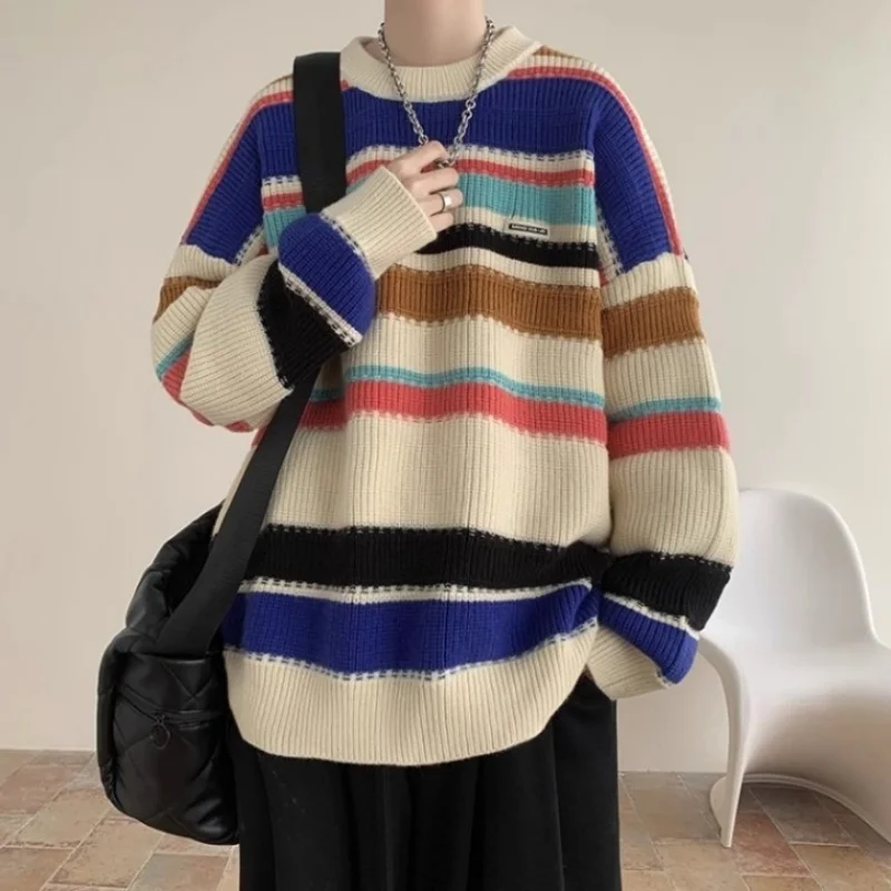 Men's autumn and winter knitted sweater jacket new style for teenagers, couple's sweater for boys, lazy and loose striped