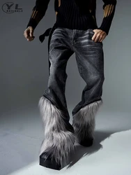 Removable Fur Micro Horn Jeans Men American High Street Patchwork Loose Straight Denim Pants Hip Hop Fashion Distressed Trousers