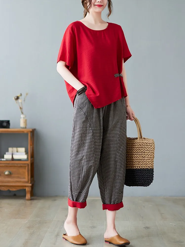 New 2 Piece Sets Women Casual T-shirt And Ankle-length Pants New Arrival 2024 Summer Vintage Style Loose Female Pant Suits