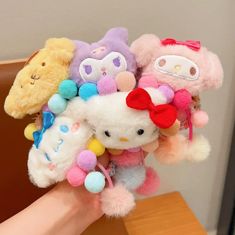 Sanrios Anime Kawaii Toy Cinnamoroll My Melody Hellokittys Pompom Purins Kuromi Headband High Ponytail Hair Accessory Gifts