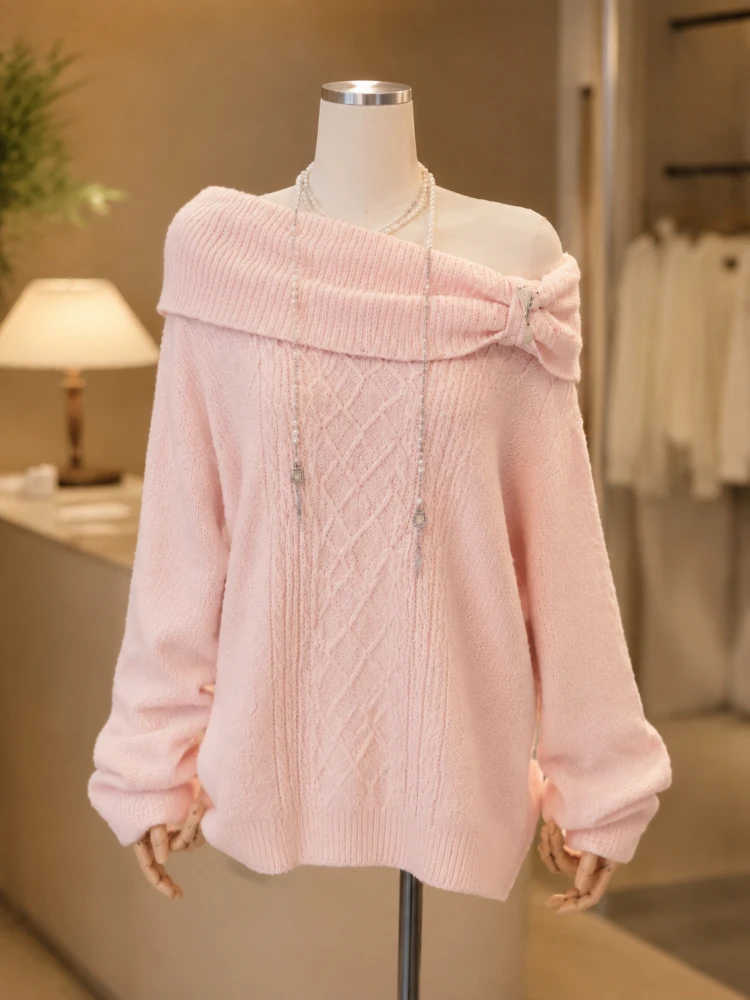 Daily Casual Streetwear Knit Pullover Sweater Women Japanese Sweet Off Shoulder Long Sleeve Soft Slim Fit Winter Jumper