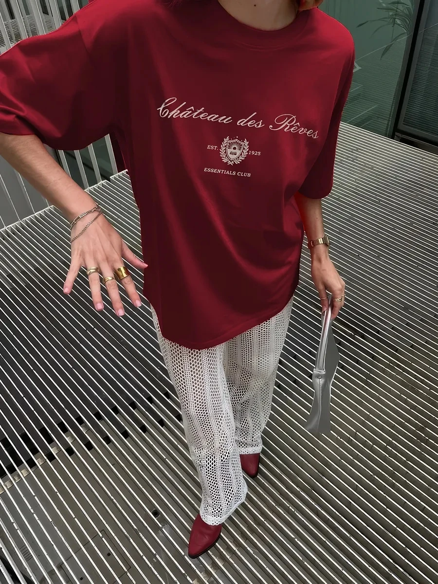 패셔너블한 루즈핏 프린트 티셔츠 반팔 캐주얼 탑 여성용 면 라운드넥 티셔츠 편안하고 통기성 좋은 여름옷