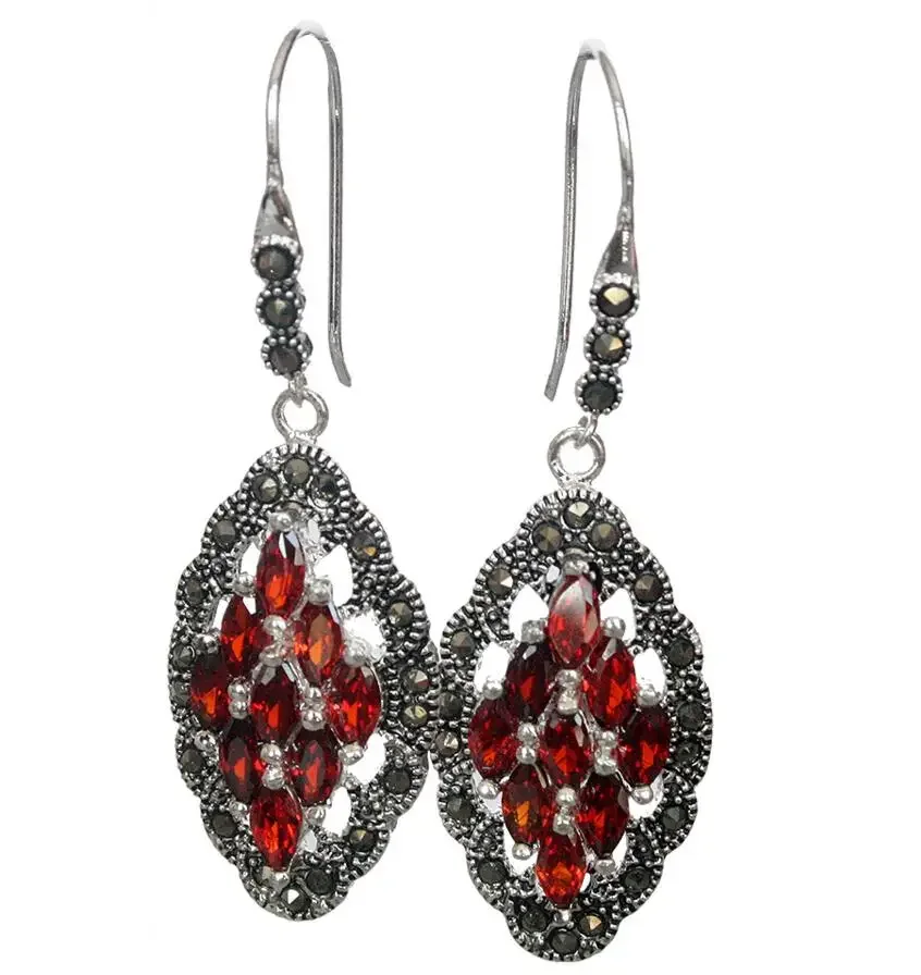 

Genuine 925 Silver Red Crystal Art Style Marcasite Earrings 2"