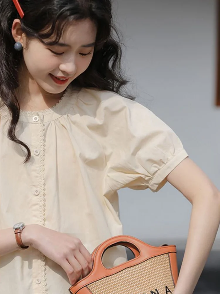 Camisas femininas manga bufante diário feminino bonito estudantes simples rendas designer solto verão all-match o-pescoço estilo coreano confortável