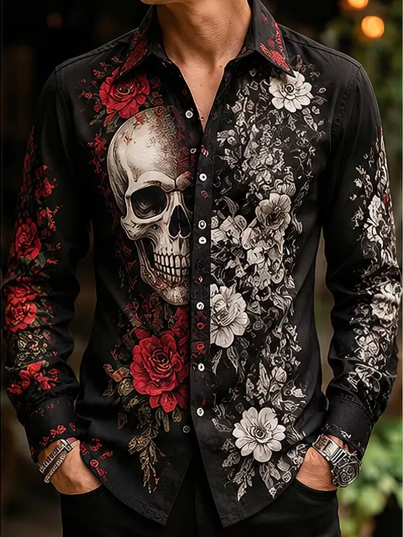 New Black Red Rose Skull White Flower Gothic Long Sleeve Shirt Dark Romantic Men's Personalized Shirt