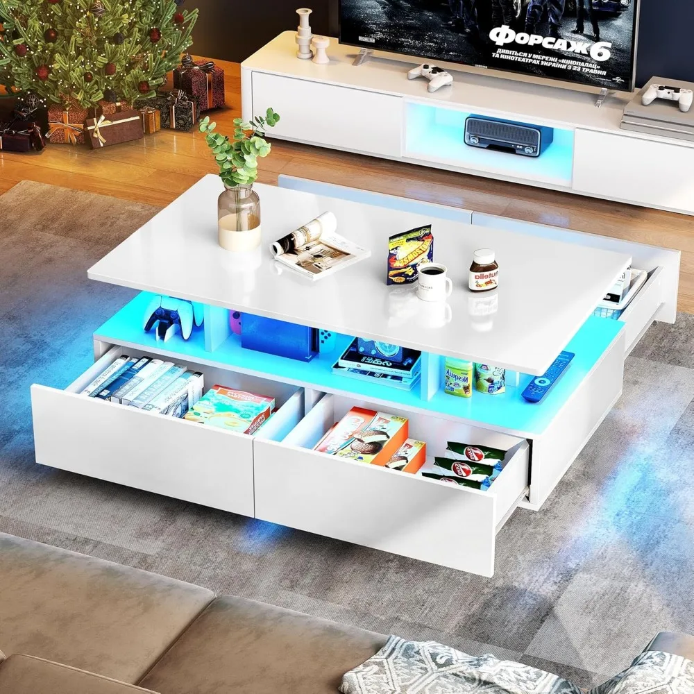 

LED Coffee Table with Storage, High Glossy LED Coffee Tables for Living Room, Small Center Table with Open Display Shelf & Slid