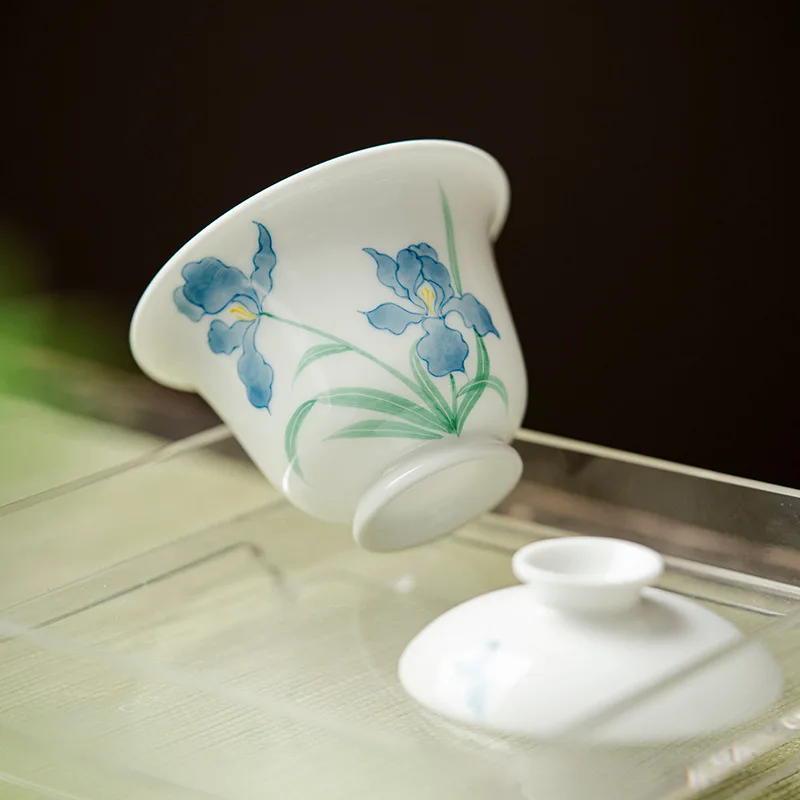 Jade Mud White Porcelain Pure Hand Drawing Flower-De-Luce Two Pieces Tureen Underglaze Set Home Brewing Cup