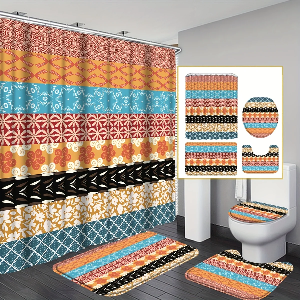 

4pcs Boho Stripe Shower Curtain Set, Orange & Red, Bathroom Curtain Set with Non-Slip Rugs, Toilet Lid Cover, Bath Mat, And 12 H