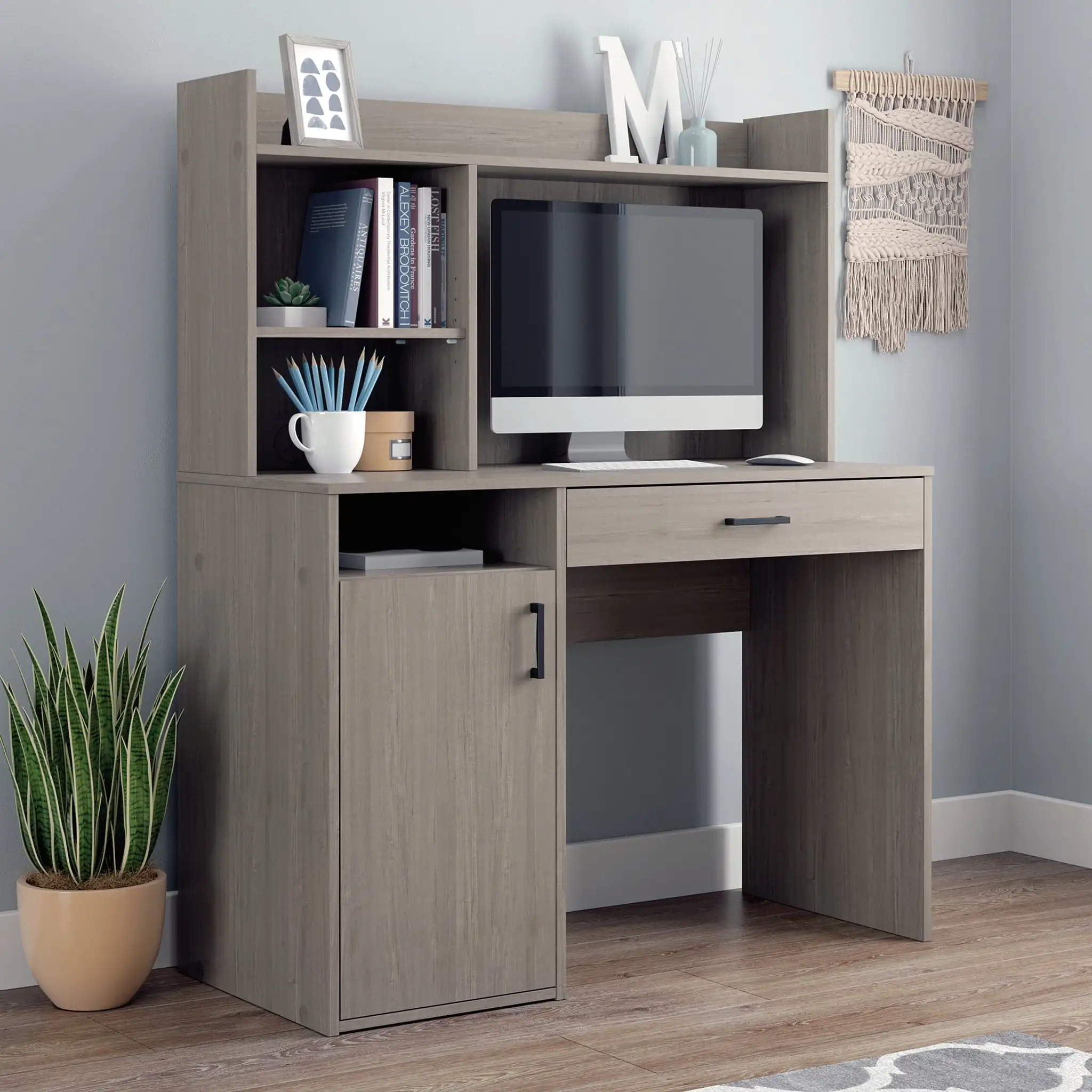 

Beginnings Silver Sycamore Desk with Hutch and Drawer, Silver Sycamore Finish