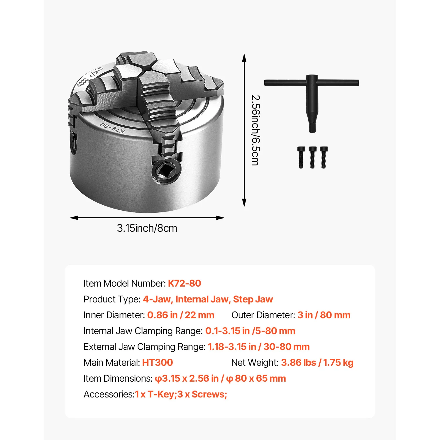 SucceBuy 3 In/10 In Draaibank Chuck 4-Jaw T-sleutel Bevestigingsschroeven Omkeerbare Kaken HT300 Materiaal Intern Extern voor Metalen Draaibank Gebruik
