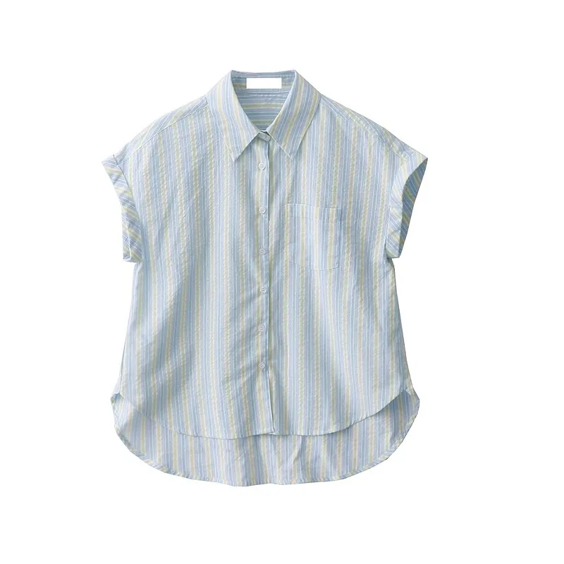 

Chic Women's Shirts Short Sleeve Lapel Striped Blouses Vintage Casual Pockets Rolled Edge Shirt Summer Retro Preppy Clothes Tops