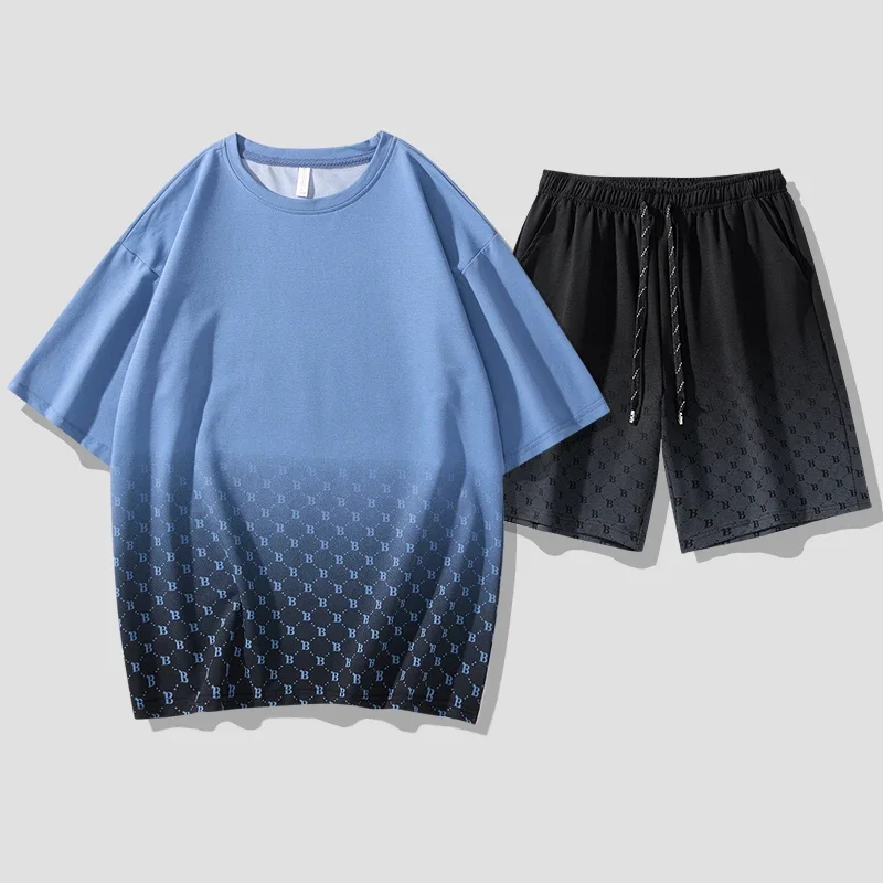 

Мужские комплекты, модные свободные повседневные летние шорты с круглым вырезом и принтом, новые большие эластичные шорты до колена с высокой талией, комплекты мужской одежды, спортивный костюм