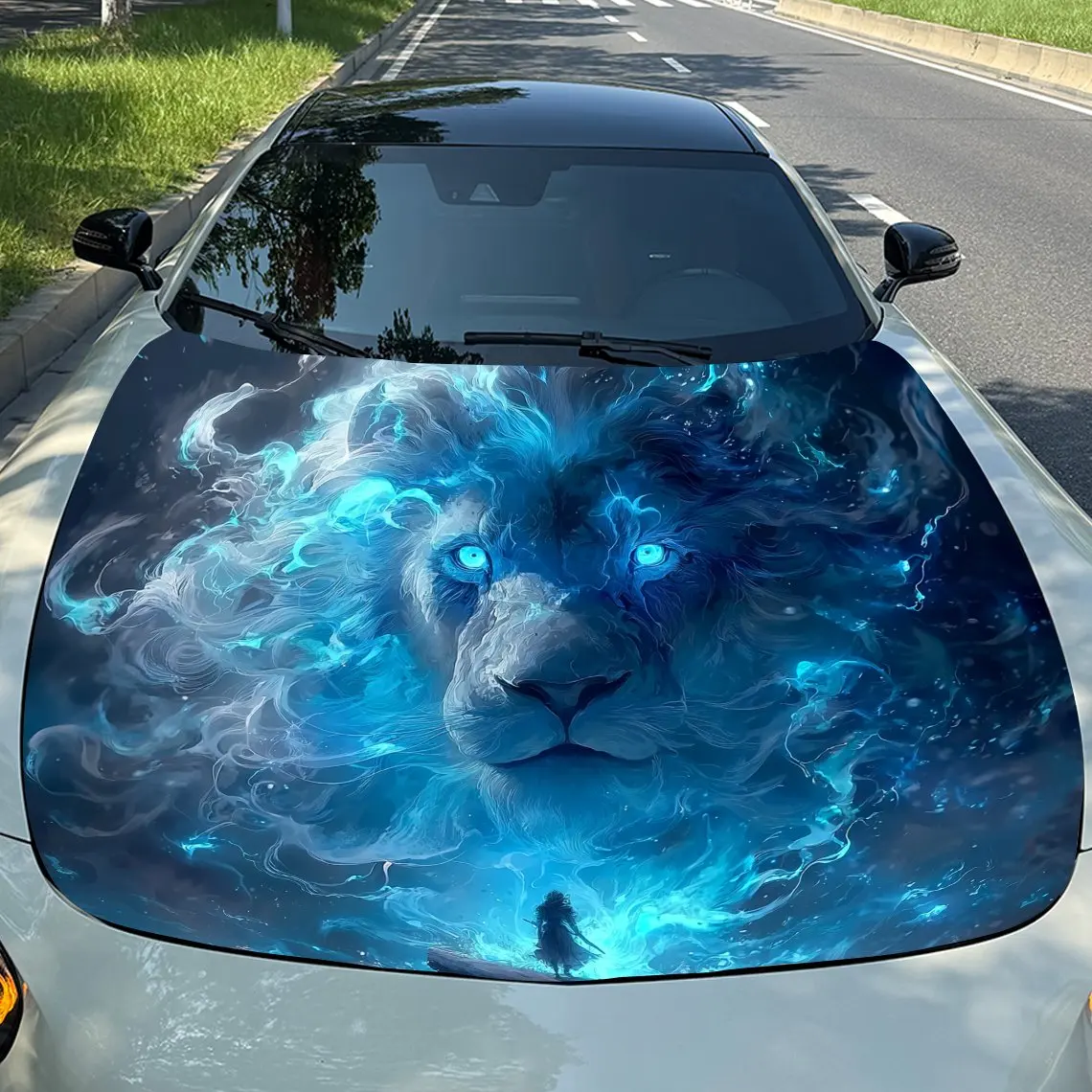 

Blue Lion And Warrior Print Car Hood Decal Sticker - Durable PVC Vinyl Wrap For Most Vehicles, Eye-Catching Cool Pattern Design,