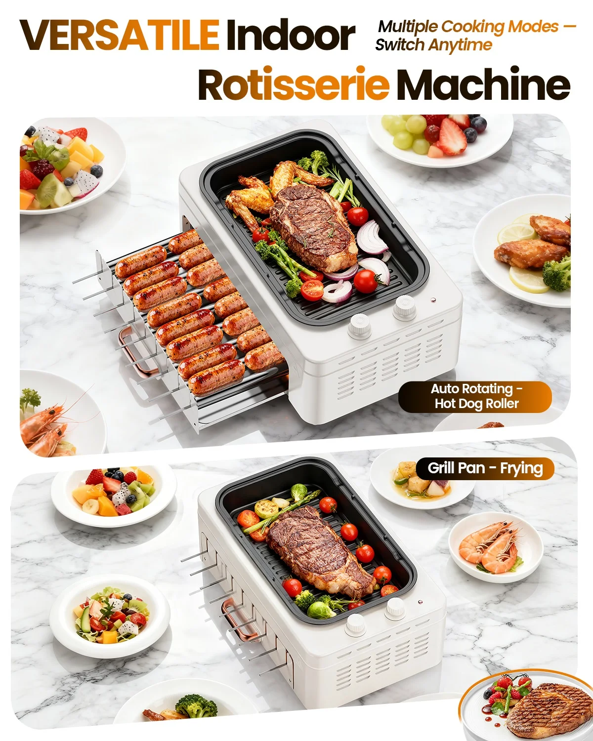 3-in-1 Electric Indoor Grill Smokeless for Home,Countertop Electric Grill with Removable Sizzling Grill Pan + Auto Rotating Kabob Skewers + Electric Hot Dog Roller Dual Zone Cook with Lid