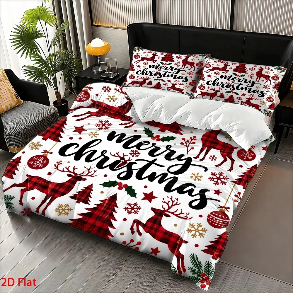 Merry Christmas Set, Three-Piece Bed Set (1*Duvet Cover + 2*Pillowcases), Festive Party Atmosphere Decoration, Suitable for All Seasons, Machine Washable, Invisible Zipper Design, Large Double Bed Cover Set, Suitable for Home, Dormitory, Master Bedroom, Guest Room, Ins-Style Japanese Floral and Animal Pattern Bedding, Specially Designed for Comfort and Skin-Friendly Bedding, Bedroom Decoration and Sleep Essentials, 2D Flat Print